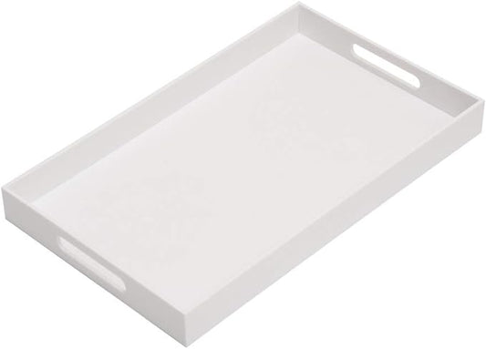 Glossy White Sturdy Acrylic Serving Tray with Handles-12x20 Inch-Serving Coffee Appetizer Breakfast-Kitchen Countertop Makeup Drawer Organizer-Vanity Table Ottoman Decorative Tray