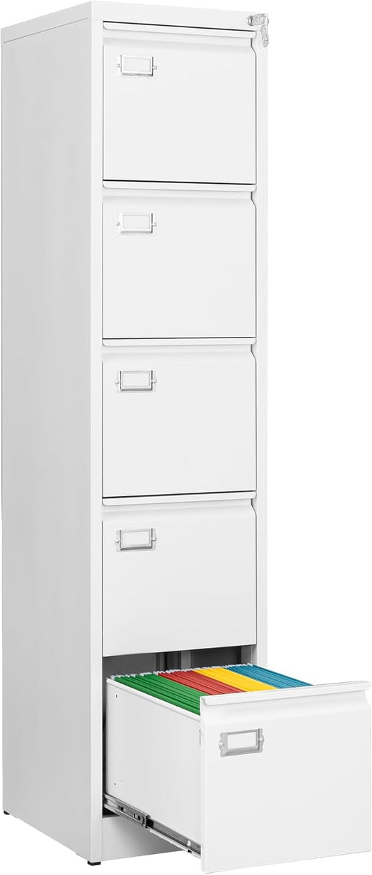 File Cabinets - 5 Drawers Vertical 17.8" Deep Lockable Filing Cabinet - White Metal Storage Cabinets for Home Office to Hanging Files Letter/Legal/F4/A4 Size