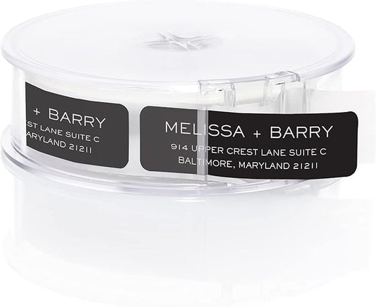 Striking Black Modern Rolled Address Labels/Roll of 500 Personalized Address Labels/Designer Return Address Stickers in Elegant Plastic Dispenser