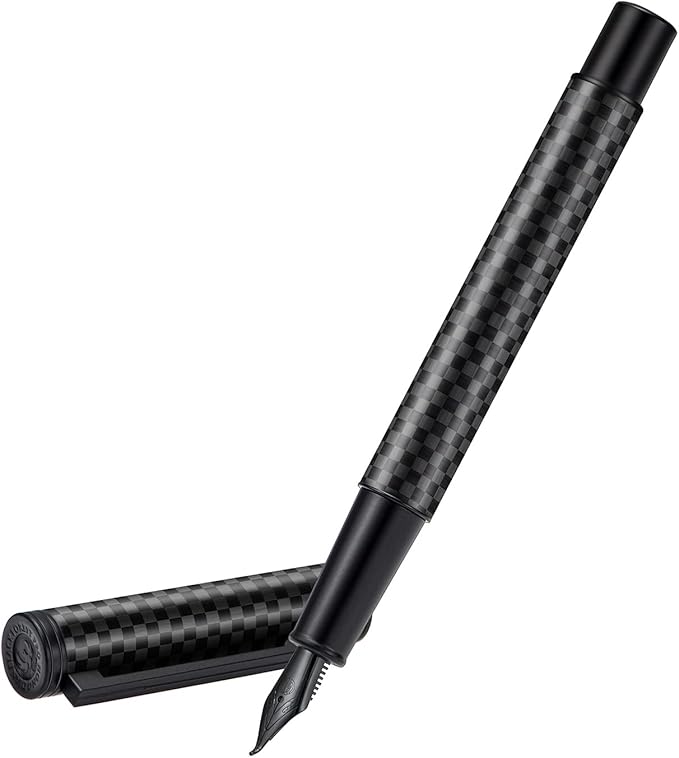 Hongdian Black Carbon Fiber Fountain Pen, Bent Nib Fude Pen for Calligraphy Writing (Fine to Broad) with Converter and Metal Pen Box Set