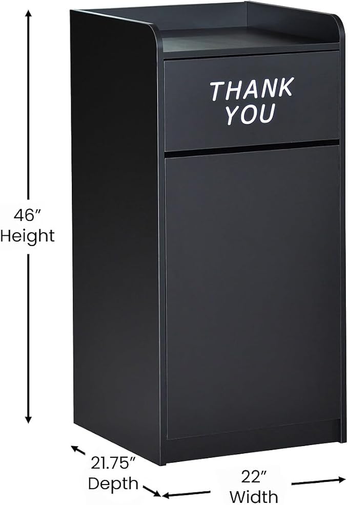 Flash Furniture Sony Laminate Wood Commercial-Grade Trash Receptacle with Tray Top, Wooden Restaurant Trash Can Cabinet and Garbage Receptacle, Black