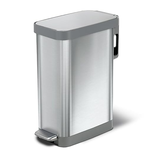 Glad Slim Trash Can with Clorox Odor Protection - Narrow Kitchen Garbage Bin with Soft Close Lid, Step On Foot Pedal and Waste Bag Roll Holder, All Stainless, 45 Liter