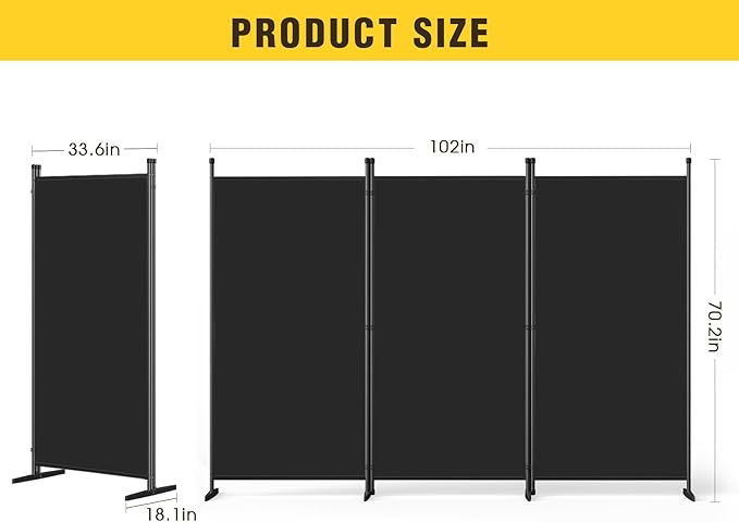 AKTOP 3-Panel Room Divider, Freestanding Wall Divider for Room Separation, Folding Privacy Partition Screen 70''W x 102''H, Portable Room Divider Panel Privacy Screen for Dorm Studio Office, Black