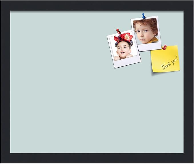 PinPix 17x14 Inch Cork Bulletin Board. This Decorative Framed Pin Board Comes with Soft Blue Design and a Satin Black Frame. Ideal for Home Office Decor or Message Board (PinPix-1814)