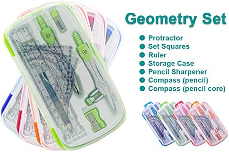 Geometry Compass Kit Starter Maths Set with 2 Drafting Compasses Protractor Set Squares Ruler and More for Students Maths Study, Green