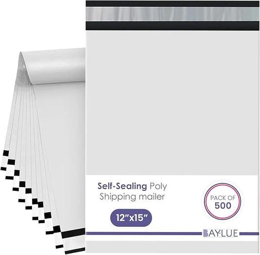 White Large Poly Mailers 12x15.5 Inch | Strong Adhesive Self-Seal Mailer Bag | Tear, Tamper, Water Resistant Shipping Envelopes | Thick Strong polymailer Bags | Clothing Shipping Bags | 500 Pcs Bulk