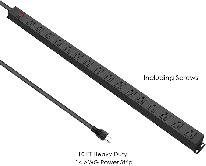 HHSOET Metal Wall Mount Power Strip, Mountable Power Outlet, Aluminum Alloy Mount Power Socket with Switch, 10 FT SJT 3/C 14AWG Power Cord, 15A 125V 1875W (16 Outlet) Black