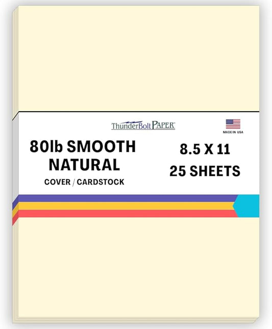 25 Natural Smooth Card Stock Sheets Paper - 8.5 X 11 Inches Standard Letter|Flyer Size - 80# (80 lb/Pound) Cover Weight - Quality Paper - Smooth Finish