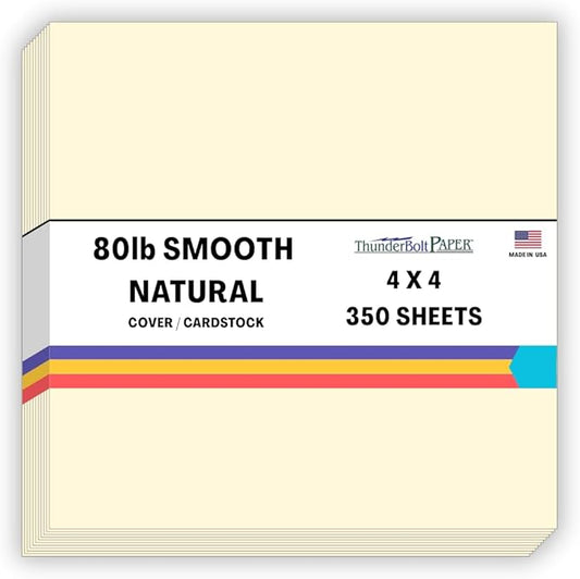 350 Natural Smooth Card Stock Sheets Paper - 4 X 4 Inches Small Square Card Size - 80# (80 lb/pound) Cover Weight - Quality Paper - Smooth Finish