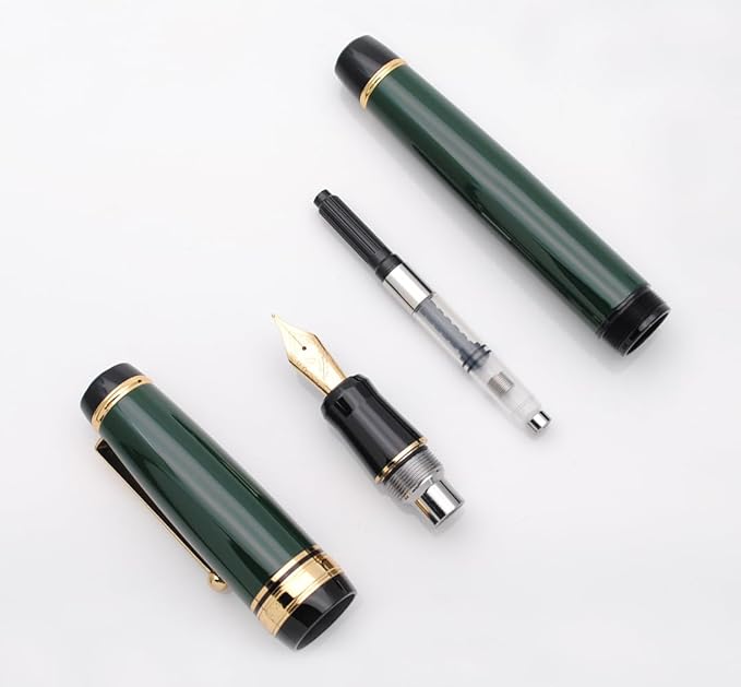 Metal Big Fountain Pen Set Medium Nib 0.7mm, Includes Ink Refill Converter, 5 Ink Cartridges & Gift Box (Medium Nib 0.7mm, Green)