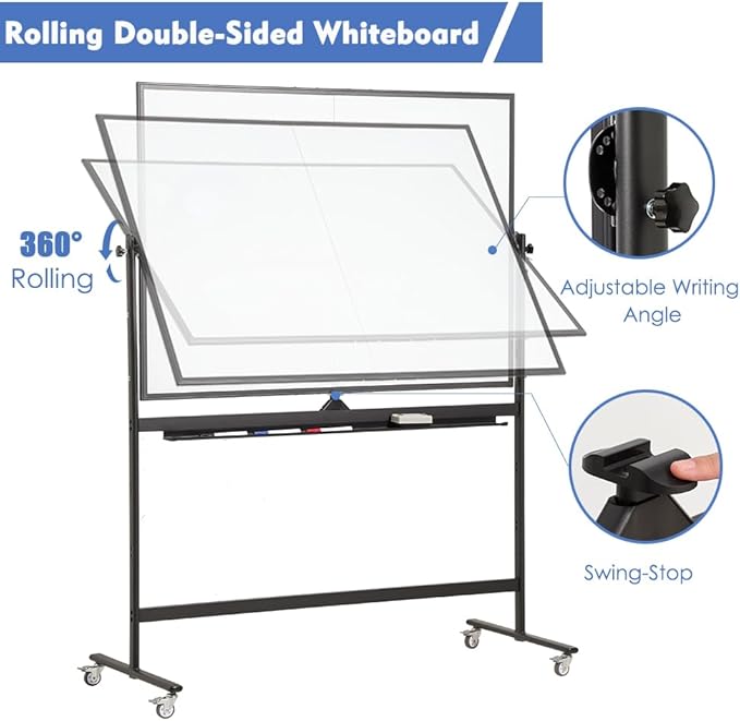 FORTUNO Magnetic Mobile Whiteboard 48"x36", Rolling Double Sided Dry Erase Board with Stand, Reversible Adjustable Height/Angle Easel White Board on Wheels 4' x 3' for Office Classroom Home, Black