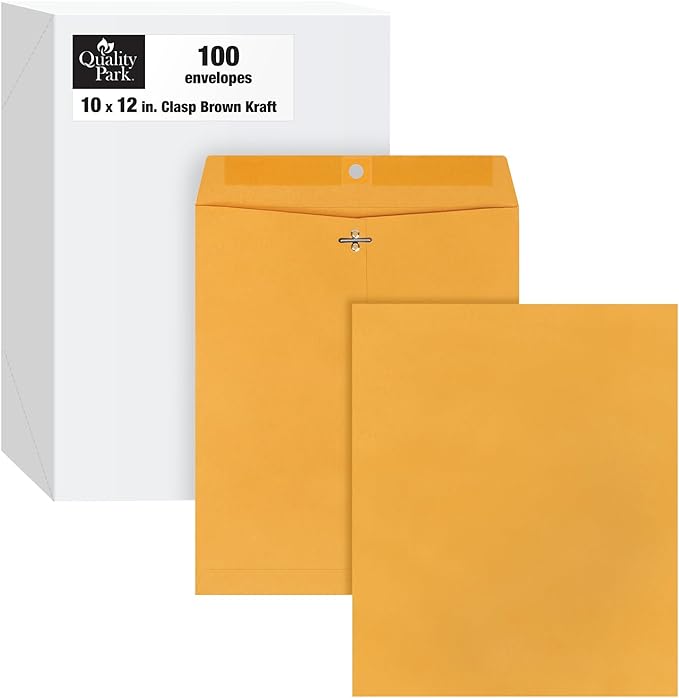 Quality Park 10 x 12 Clasp Envelopes with Clasp Closure and Gummed Seal, Great for Filing, Storing or Mailing Documents, 28 lb Brown Kraft, 100 per Box (QUA37895)
