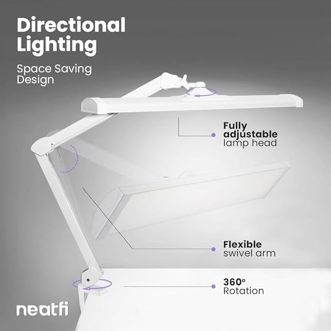 Neatfi Ultra 3,500 Lumen LED Desk Lamp, Color Correlated Temperature, 3 Light Modes, Dimmable, 45W, 26 Inch Wide Metal Shade, 540 SMD LEDs (CCT with Clamp, White)