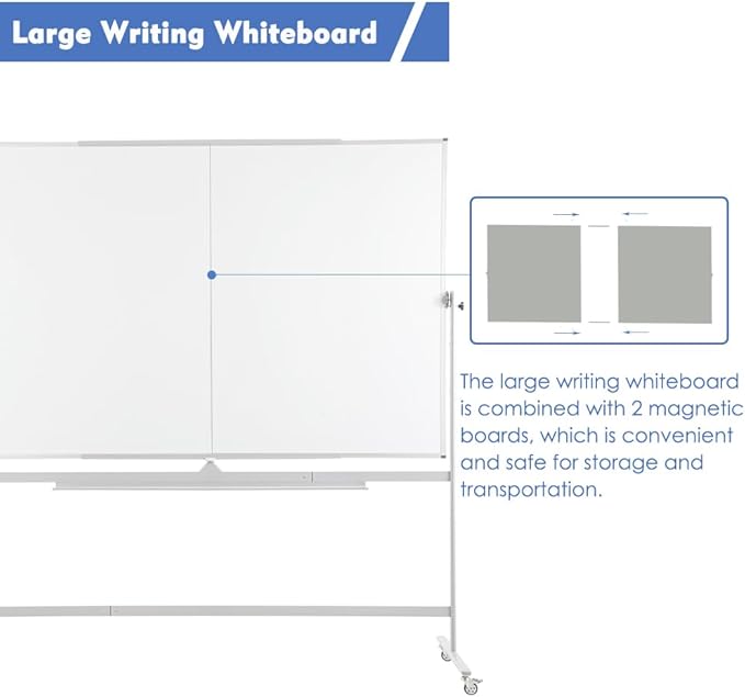 FORTUNO Large Magnetic Mobile Whiteboard 96"x48", Rolling Double Sided Stand Whiteboard on Wheels, Reversible Adjustable Height/Angle Dry Erase Board 8' x 4' Easel White Board for Office Classroom