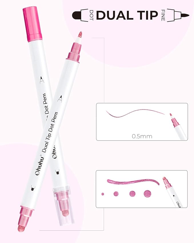 Ohuhu Dual Tip Dot Markers: 15 Colors Dot Marker Pens (Fine & Dot) for Kids Adults Water-Based Ink Metallic & Regular Colors Dot Pens for Journaling Scrapbooking DIY Highlighting Drawing Markers