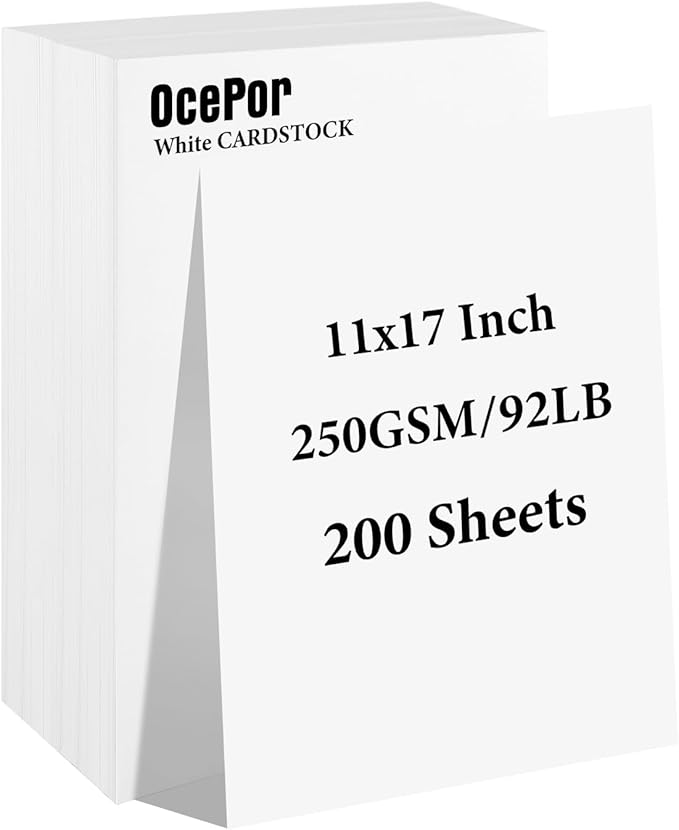 OcePor 200 Sheets White Cardstock 11” x 17”, 92lb/250gsm Card Stock, Thick Card Stock Paper, Heavy Cardstock Paper for Printer, Resume, Scrapbooks, Art, Crafts, Business Cards
