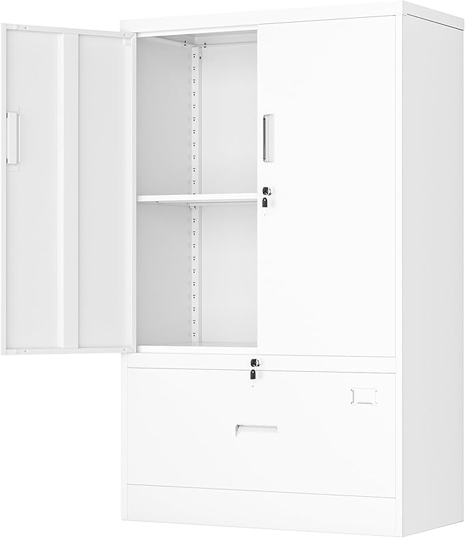 Greenvelly Metal Storage Cabinet,White Steel Lockable Lateral File Cabinet with Doors and Shelves for Home Office Hanging Files Letter/Legal/F4/A4 Size