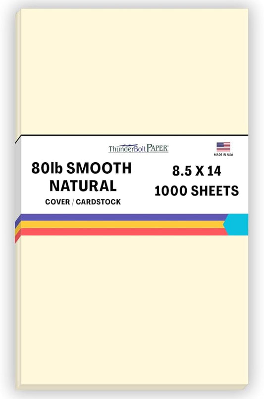 1000 Natural Smooth Card Stock Sheets Paper - 8.5 X 14 Inches Legal|Menu Size - 80# (80 lb/pound) Cover Weight - Quality Paper - Smooth Finish