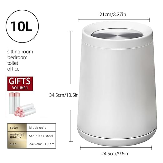 10 L/2.6Gallen,Swing Lid Trash Can,Metal Garbage Can with Flipping Lid,for Bathroom,Living Room,Bedroom,Hotel,Office, Laundry Room(White)