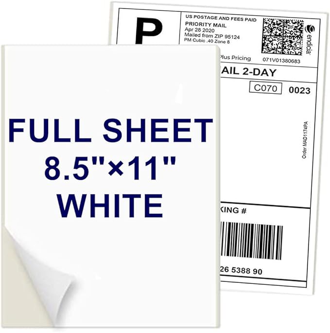 8.5" x 11" Shipping Labels Full Sheet Labels, Self Adhesive Printable White Sticker Paper for Laser & Ink Jet Printers (100 Labels)