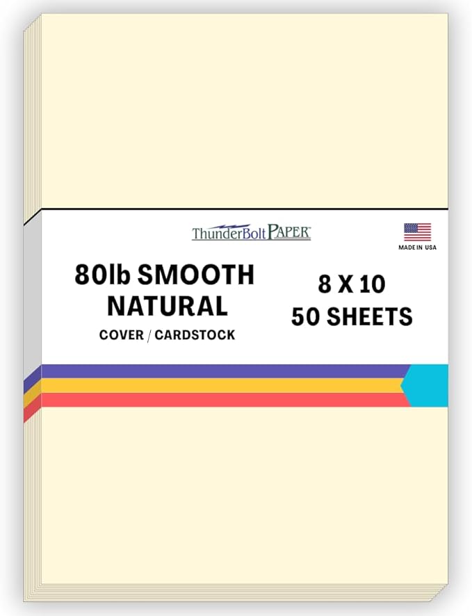 50 Natural Smooth Card Stock Sheets Paper - 8 X 10 Inches Photo|Picture-Frame Size - 80# (80 lb/Pound) Cover Weight - Quality Paper - Smooth Finish