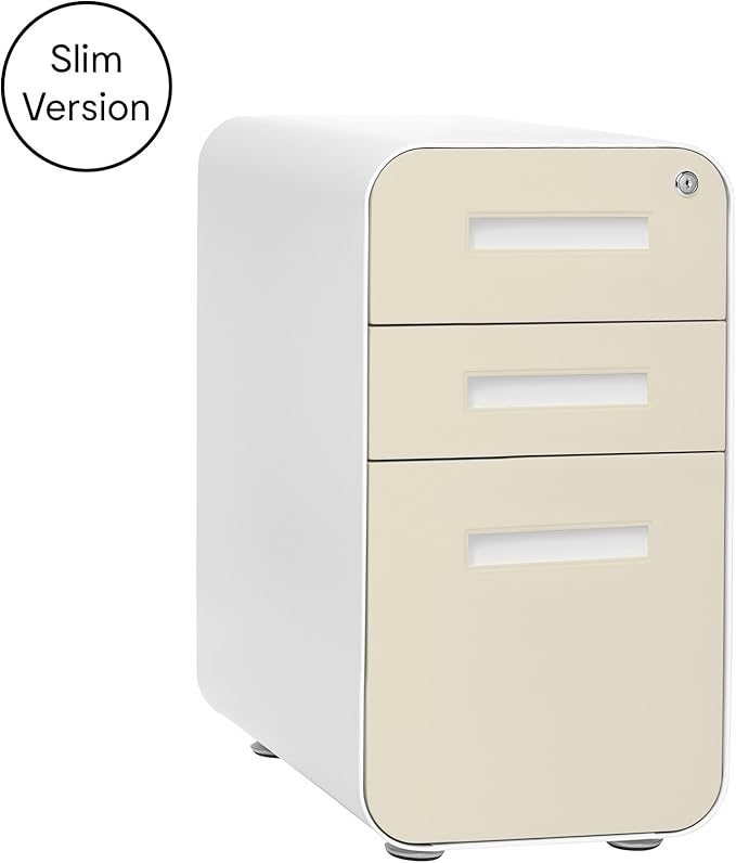 Laura Davidson Furniture Stockpile Slim 3-Drawer Mobile File Cabinet with Lock - Under Desk Metal Filing Cabinet, Legal/Letter File Folders, Wheels & Stationary Feet, Assembled, Ivory Faceplate