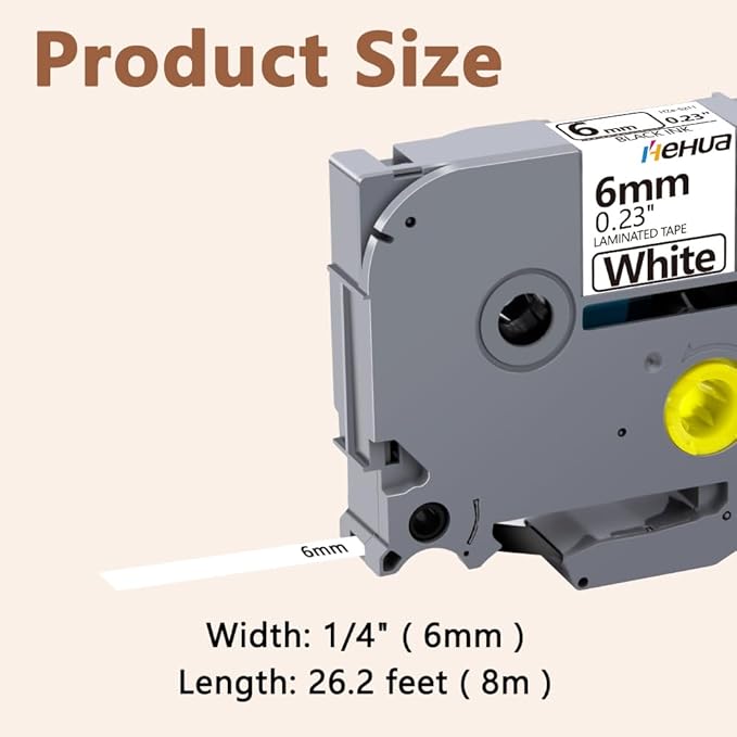 Hehua 6mm 0.23 Extra Strength Adhesive Laminated White Tape Compatible for Brother TZe-S211 TZeS211 TZ-S211 TZS211 for Ptouch PT D210 D200 H110 H100, 1/4'' x 26.2ft Black on White, 4 Pack