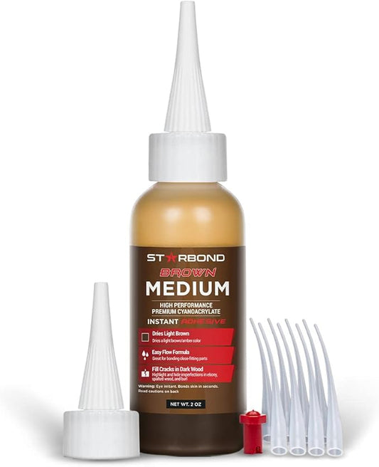 STARBOND Light Brown Medium CA Glue (Premium Cyanoacrylate Super Glue) Crack Filler 150 CPS Viscosity, for Woodworking, Woodturning, Carpentry, Guitar, 2oz