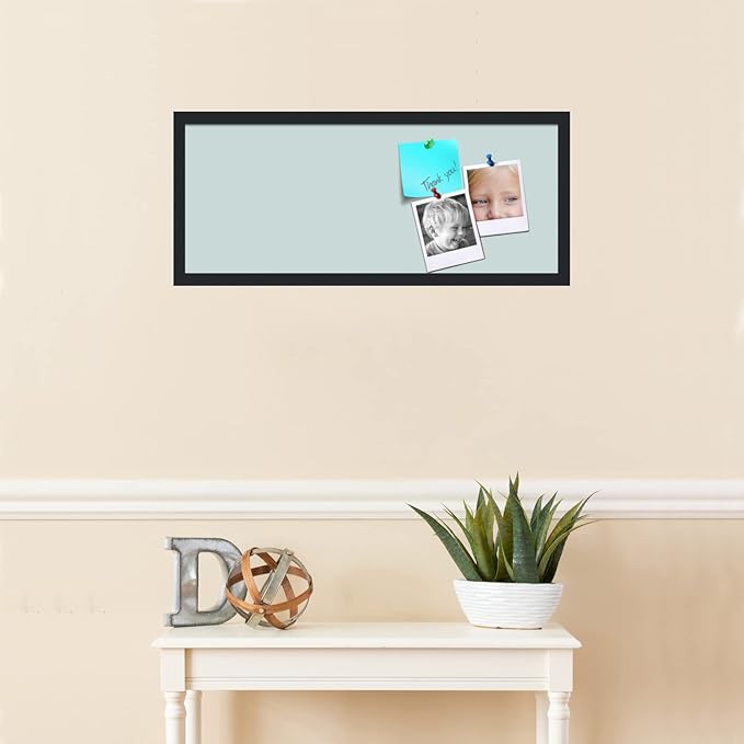 PinPix 30x12 Inch Cork Bulletin Board. This Decorative Framed Pin Board Comes with Soft Blue Design and a Satin Black Frame. Ideal for Home Office Decor or Message Board (PinPix-1814)