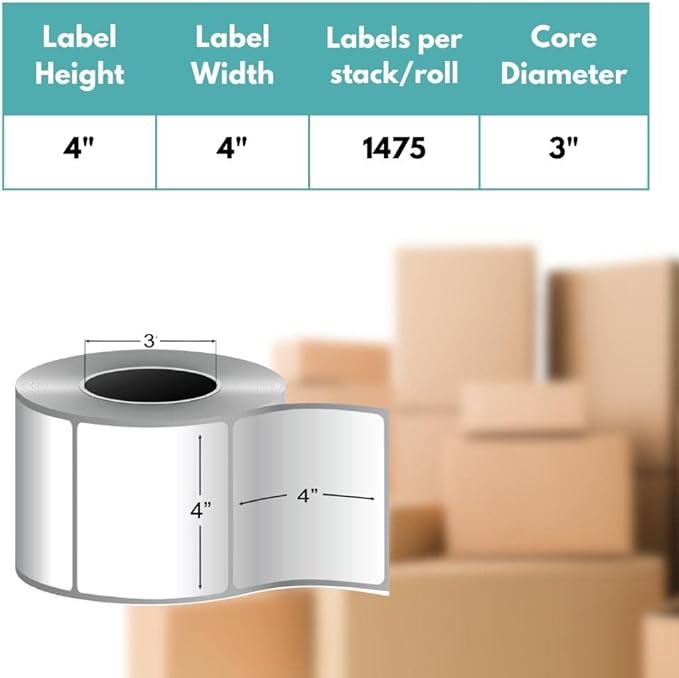 PSBM Thermal Transfer Labels, 4x4 Inch, 4 Rolls, 1475 Labels/Roll, 3 Inch Core, Perforated, Must Have Thermal Ribbon (Not Included)