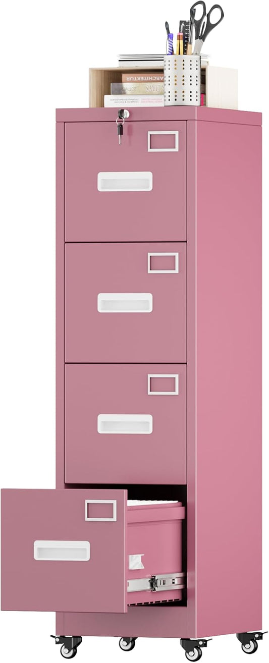 Aobabo File Cabinet 4 Drawer with Wheels, Lockable Office Metal Filing Cabinet with Name Card for Office and Home,Assembly Required,Pink