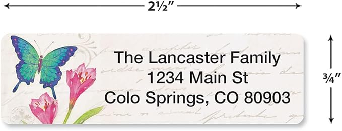 Butterflies & Flowers Rolled Personalized Return Address Mailing Labels with Dispenser, Set of 250, 5 Designs, Small ¾ x 2½ Inch Size, Custom Self-Adhesive Sticker Roll, by Colorful Images