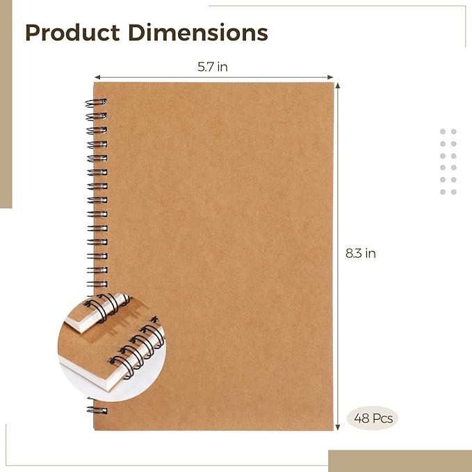 Lnrueg 48 Pcs A5 Spiral Notebooks - Brown Kraft Paper Cover Notebooks, Hardcover Lined Notebooks, Sturdy Travel Journals with Smooth 70GSM Paper for School, Office, Travel, 100 Pages