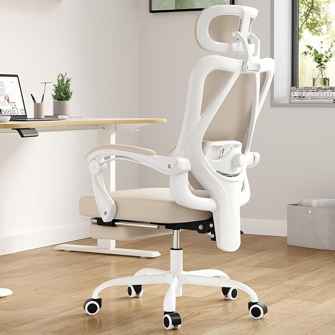 Farini Ergonomic Office Chair with Footrest, Mesh Office Desk Chair with Headrest, High Back Computer Chair with Adjustable Lumbar Support for Home Office Study Room Bedroom, White & Kakhi