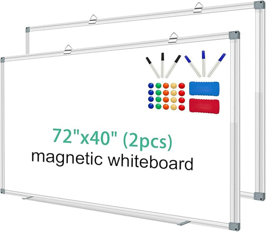 H-Qprobd Whiteboard Dry Erase White Board for Wall 72x40 (2pcs) Magnetic Boards for Office Classroom & Home, Large Wall Whiteboard Including 6 Markers, 20 Magnets, 2 Erasers