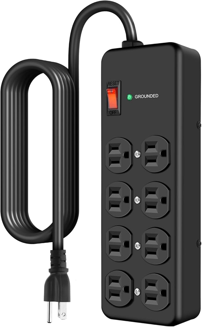 HEZI 8 Outlet Heavy Duty Power Strip, 15Amp Metal Mountable Surge Protector (2700J), Industrial Wall Mount Power Strip for Home, Office, Garage & Workshop, 15FT 14AWG Extension Cord