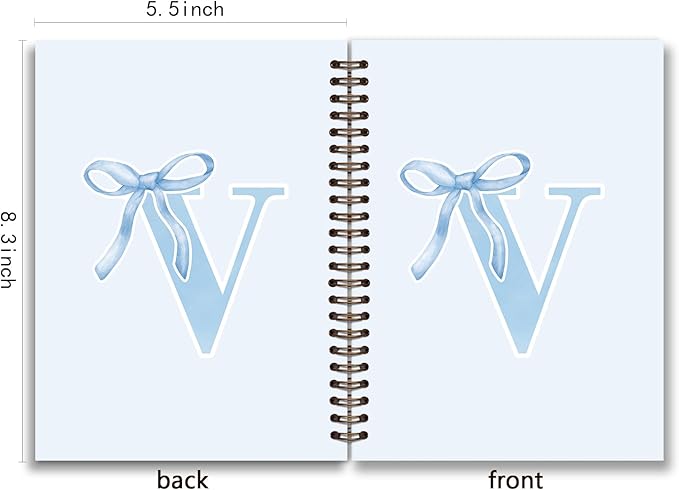 Initial V Notebook Journal,Personalized Teen Girl Gifts,Coquette Trendy Preppy Blue Bow Spiral Notebook,Monogrammed Gifts for Women Teen Girl,College Ruled Hardcover Spiral Notebook 5.5 x 8.3