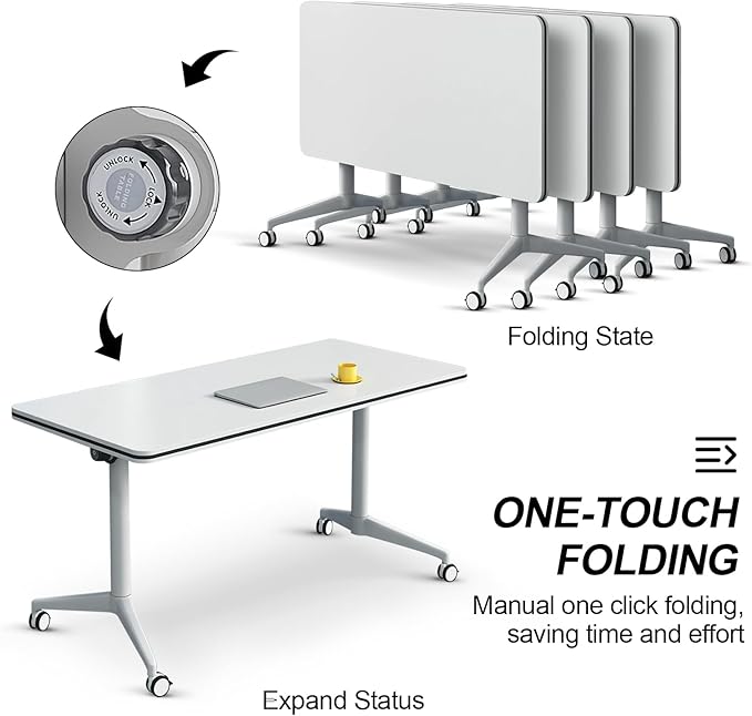 Folding Conference Table, Modern Large Conference Room Tables with Flip-Top Design, Foldable Conference Table Meeting Table with Wheels, Mobile Seminar Training Tables for Office Classroom (6, White)