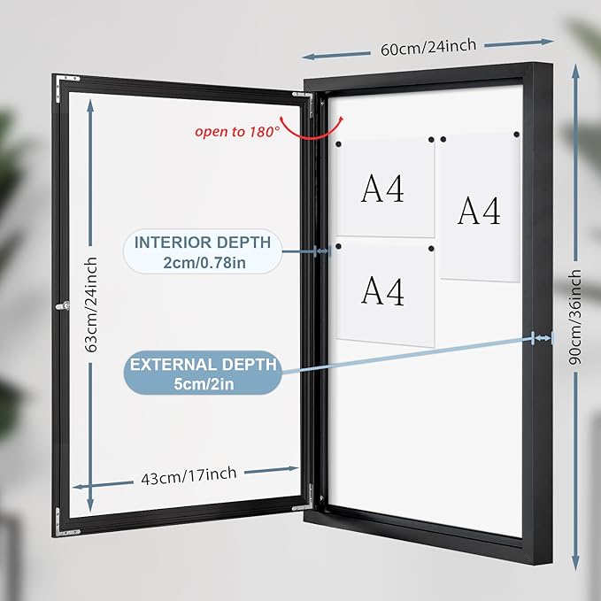 Outdoor Bulletin Board 36x24 in, Weatherproof Enclosed Bulletin Board with Locking Door, Magnetic Whiteboard, Black Aluminum