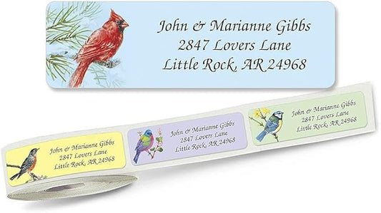Birds Rolled Personalized Return Address Mailing Labels with Dispenser, Set of 250, 5 Designs, Small ¾ x 2½ Inch Size, Custom Self-Adhesive Sticker Roll, by Colorful Images
