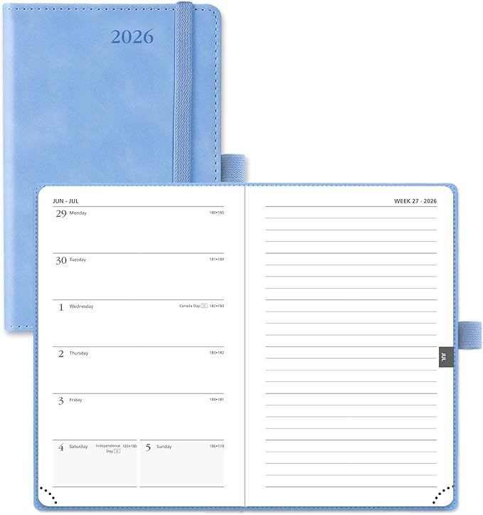 POPRUN Weekly Planner 2026 Pocket Size Calendar (4" x 6.25") 12 Months Notebook with Horizontal Layout, Leather Soft Cover, Inner Pocket, 100GSM Thick Paper, Pen Holder - Cerulean Blue