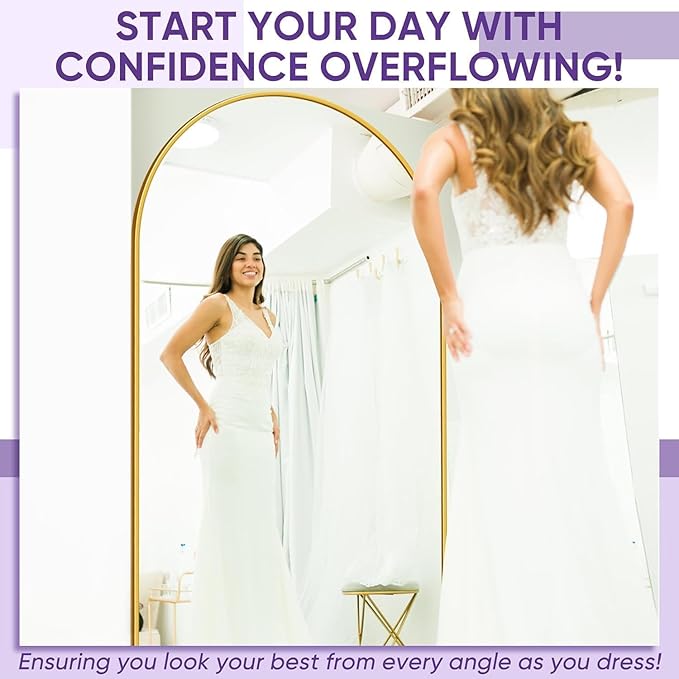 Full Length Mirror, 91"x46" Oversized Floor Mirror Freestanding, Full Body Floor Standing Mirrors with Stand, Hanging Mounted for Bedroom Living Room, Gold, Arched Style