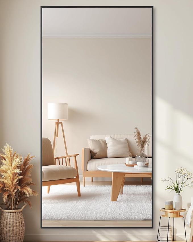 Full-Length Floor Mirror with Stand, 71"x32" Rectangle Style Full Body Standing Mirror for Bedroom, Living Room, Gym, Dorm - Shatter-Resistant & Easy Assembly, Black