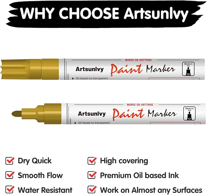 Gold Paint Pens Permanent Markers - 2 Pack Paint Markers for Metal, Rubber,Wood, Rocks, Canvas, Plastic, Dark Surface, Craft Art Supplies, Medium Tip, Quick Dry, Waterproof