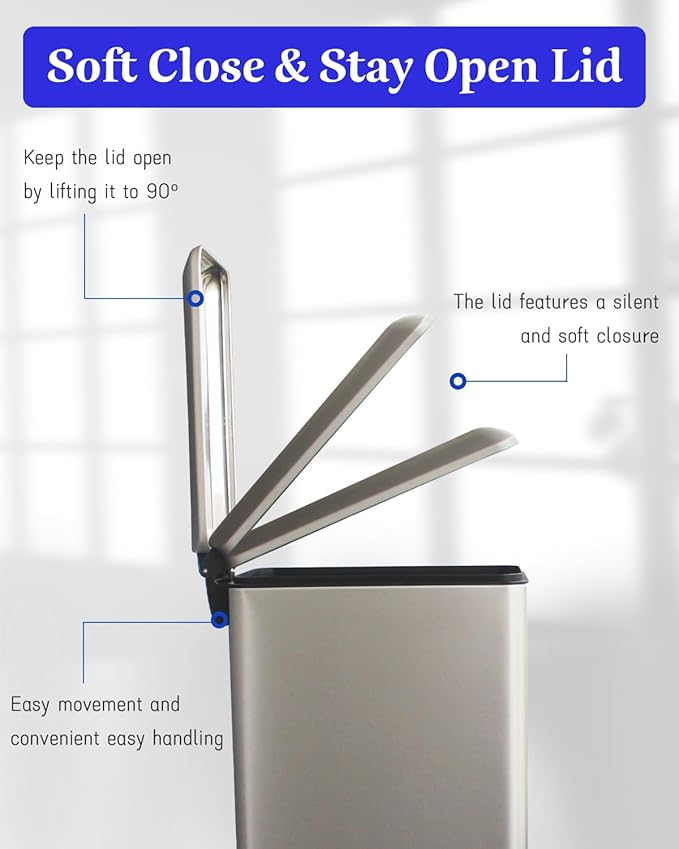 Grey Trash Can, 2.6 Gallon Bathroom Trash Can with Lid, Stainless Steel Garbage Can with Removable Liner, 10 Liter Rectangle Step Trash Bin for Office, Kitchen, Bedroom, Living Room, Dorm