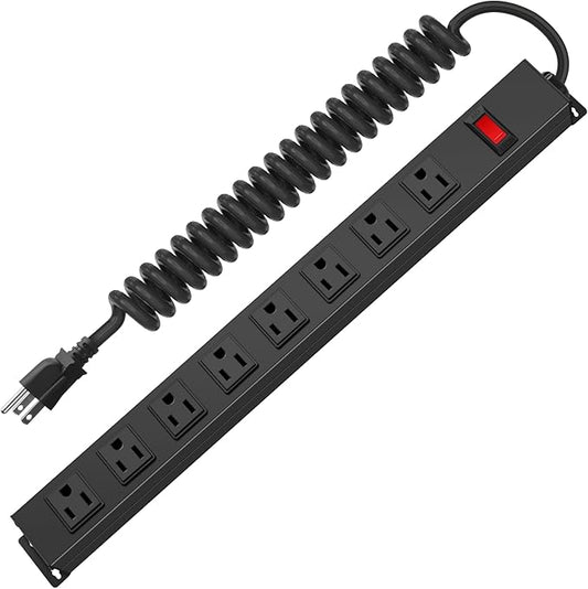 HHSOET 8 Outlet Metal Wall Mount Power Strip, Mountable Outlet with Switch, Heavy Duty Wide Spaced Surge Protector, 6 FT SJT 14AWG Black Spring Cord.