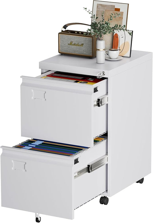 Aobabo 2 Drawer File Cabinet, Lockable Metal Filing Cabinet with Wheels for Home Office, Legal/Letter Size, Required Assembled,White