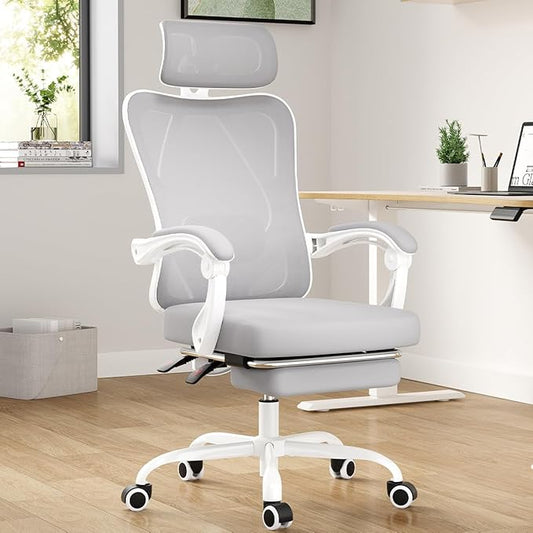 Farini Ergonomic Office Chair with Footrest, Mesh Office Desk Chair with Headrest, High Back Computer Chair with Adjustable Lumbar Support for Home Office Study Room Bedroom, White & Grey