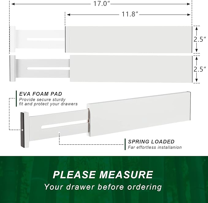 FJO 4 Pack Adjustable Bamboo Drawer Dividers - 11.8" - 17" Expandable Drawer Separators for Kitchen, Utensils, Clothes, Bedroom, Dresser, Bathroom (White)