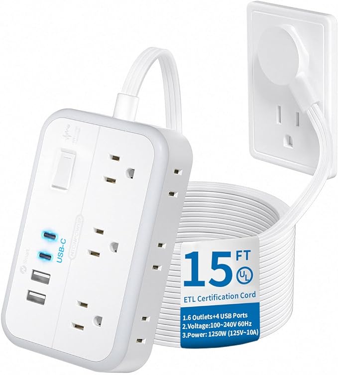 Flat Extension Cord 15 ft, NTONPOWER Surge Protector Power Strip with 6 Widely Outlets 4 USB Ports(2 USB C), Flat Plug, Wall Mounted, Side Outlet Extender for Indoor, Home Office, Dorm Room Essentials